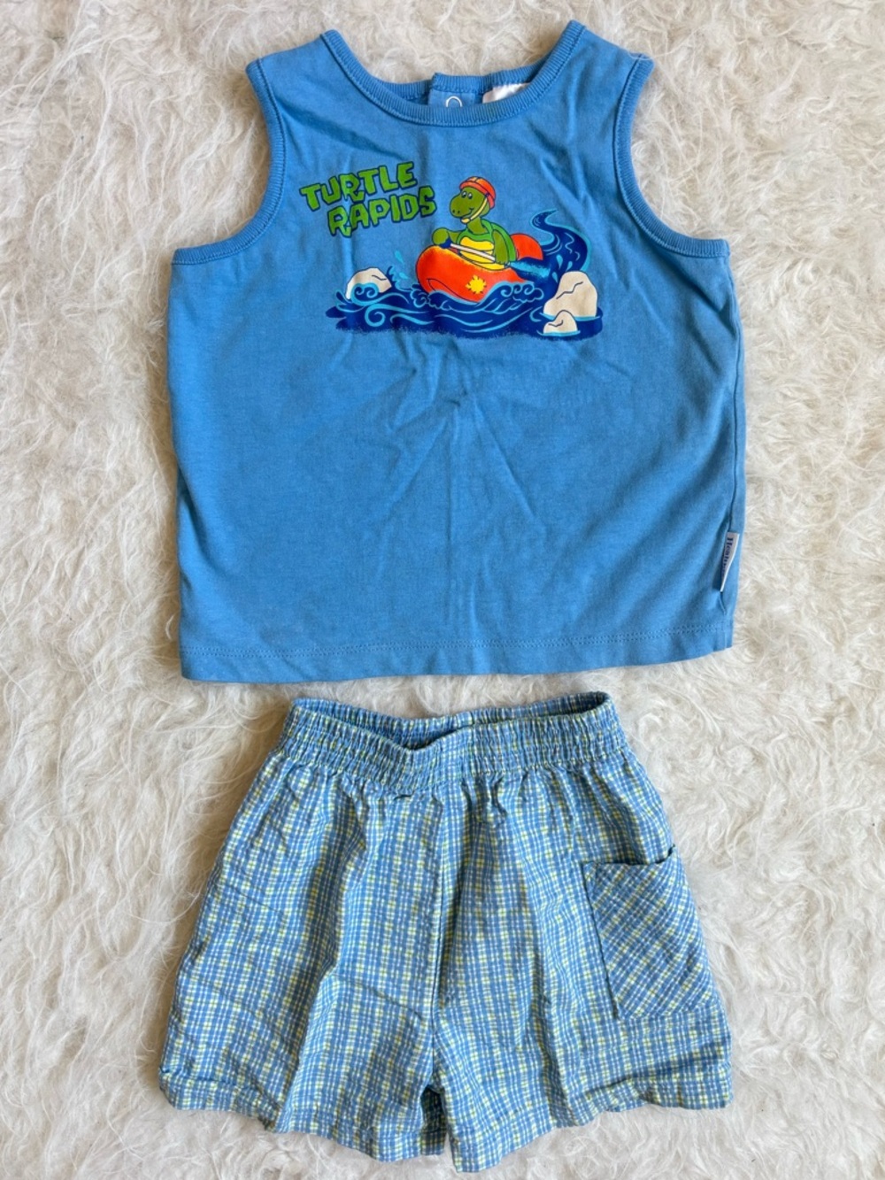 healthtex Vintage Blue 'Turtle Rapids' Graphic Tank Top & Matching Plaid Shorts
